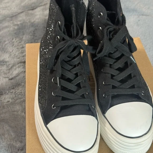 Steve Madden Black Glitter High-Top Sneakers with White Sole - Picture 2 of 8